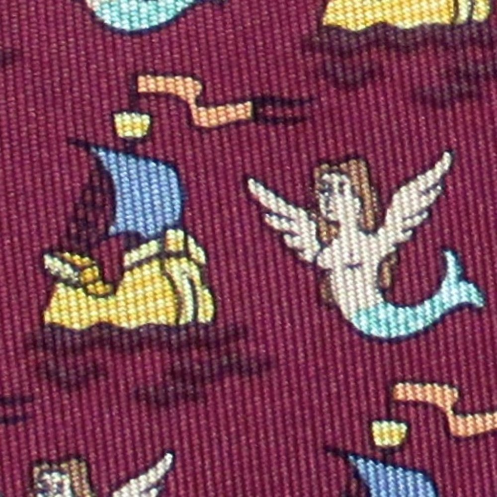 100% REAL HERMES TIE - DARK RED w FUN MERMAIDS & SHIPS FLAGS SAILING BOATS FLAG